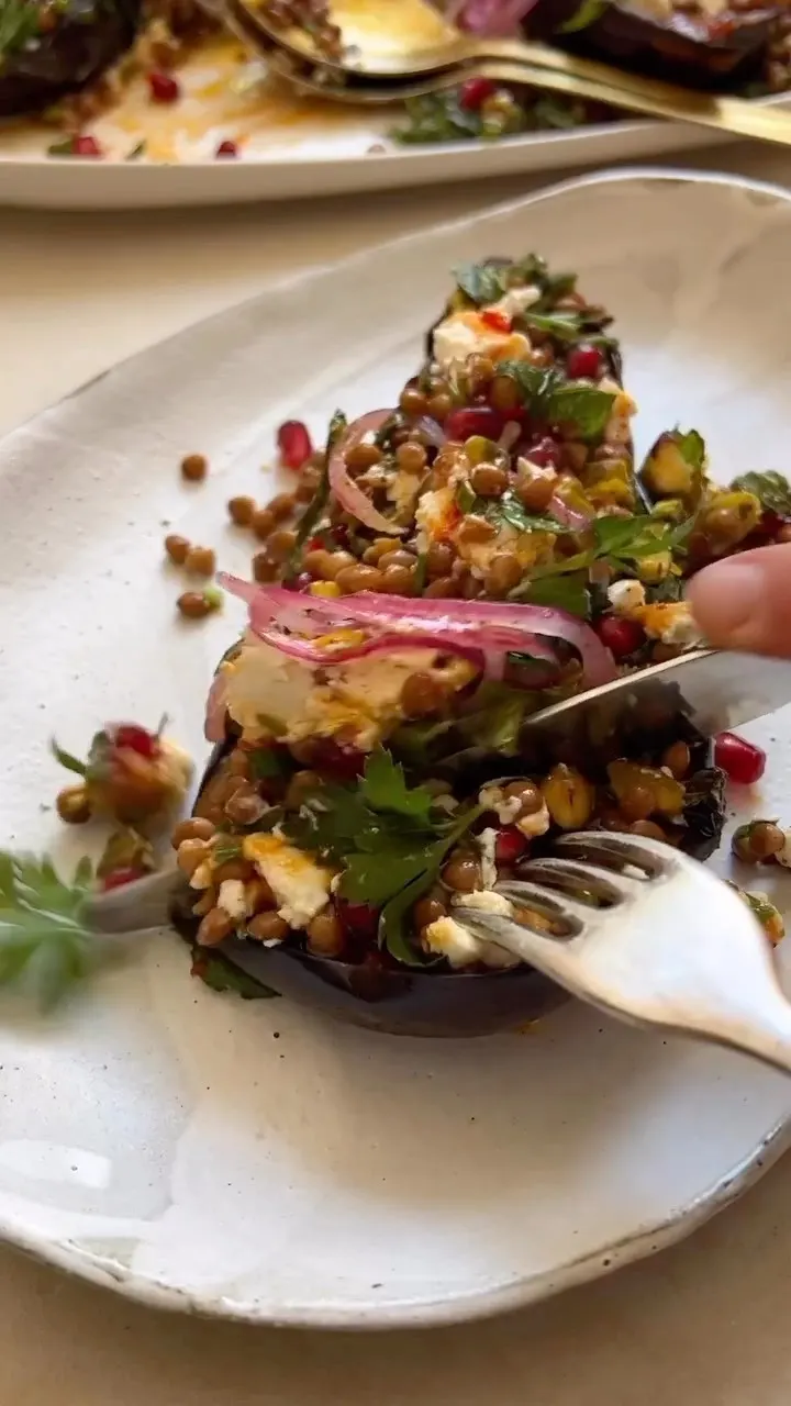 honey-and-harissa-roast-eggplants-persian-feta-lentils-pistachio-and-pomegranate