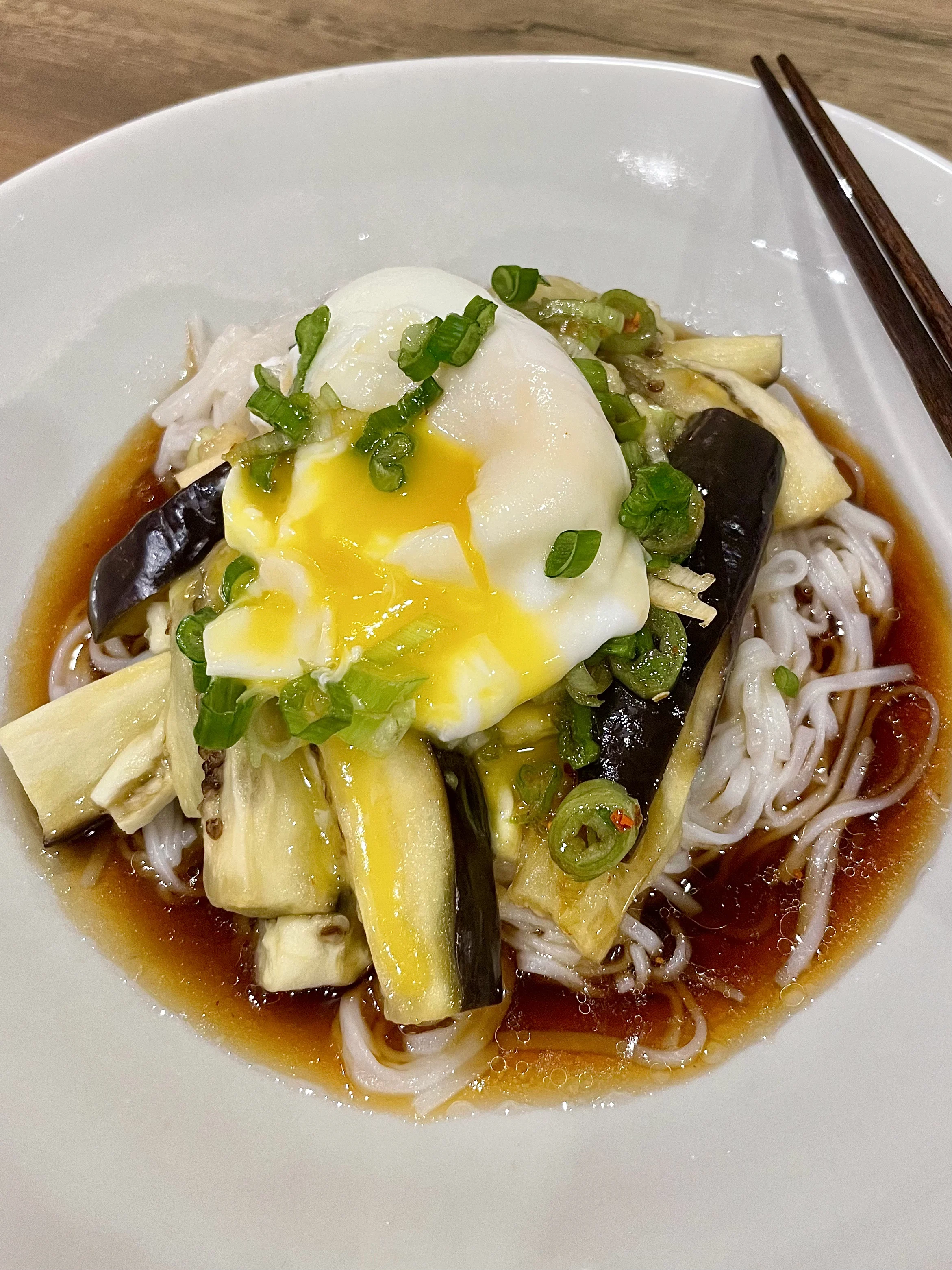 eggplant-noodle-with-poached-eggs