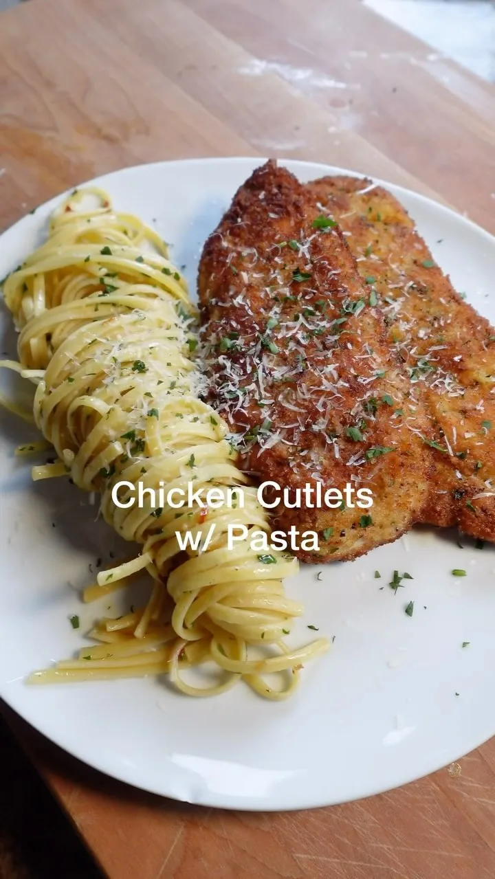 chicken-cutlets-with-pasta-aglio-e-olio