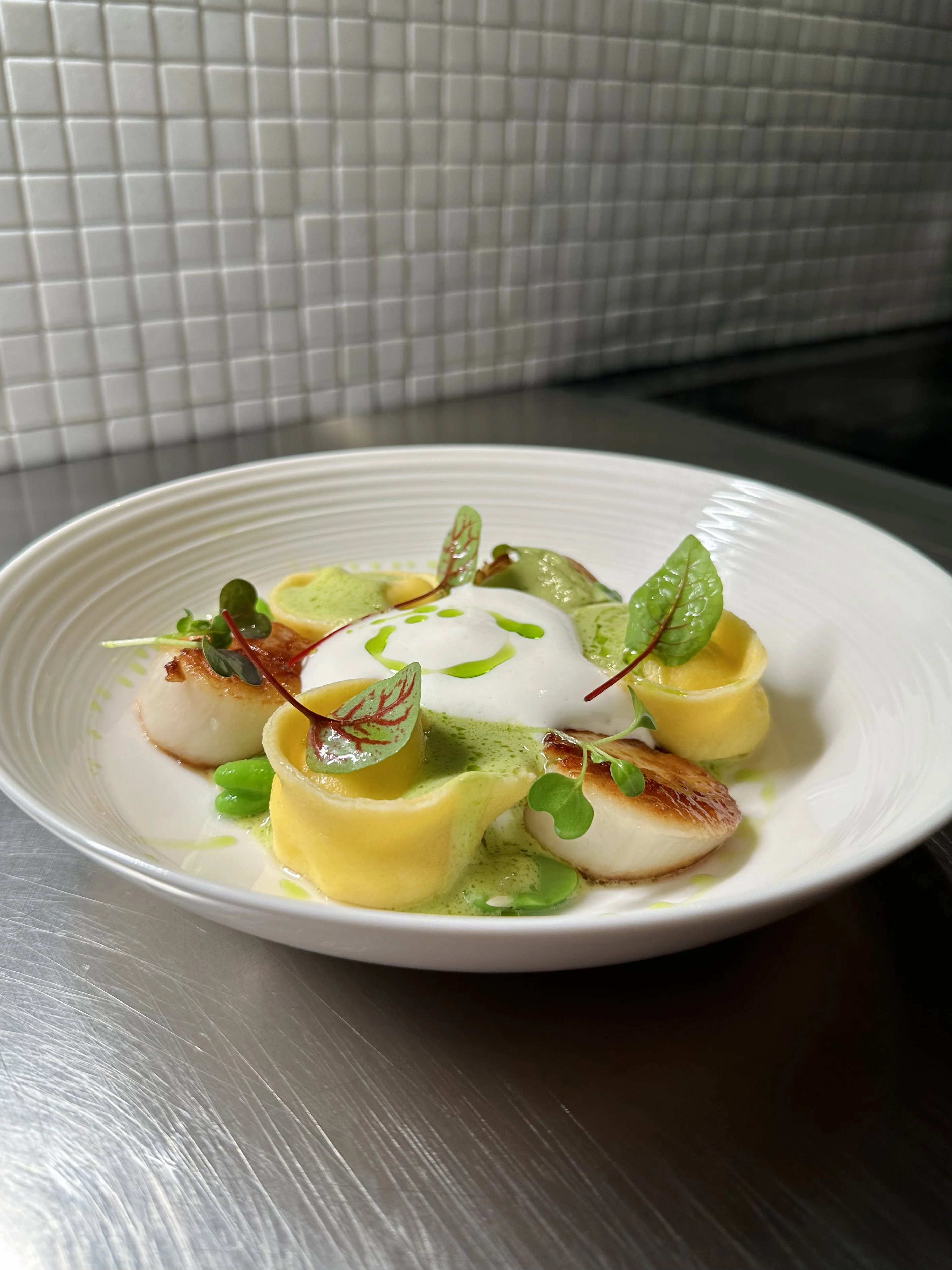 ricotta-tortellini-seared-scallops-and-basil-cream-emulsion-with-basil-oil