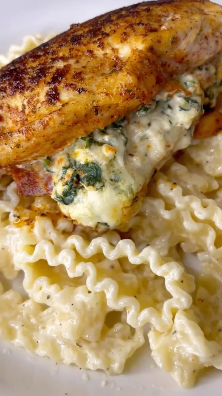 spinach-bacon-and-cheese-stuffed-chicken-over-mafaldine-alfredo