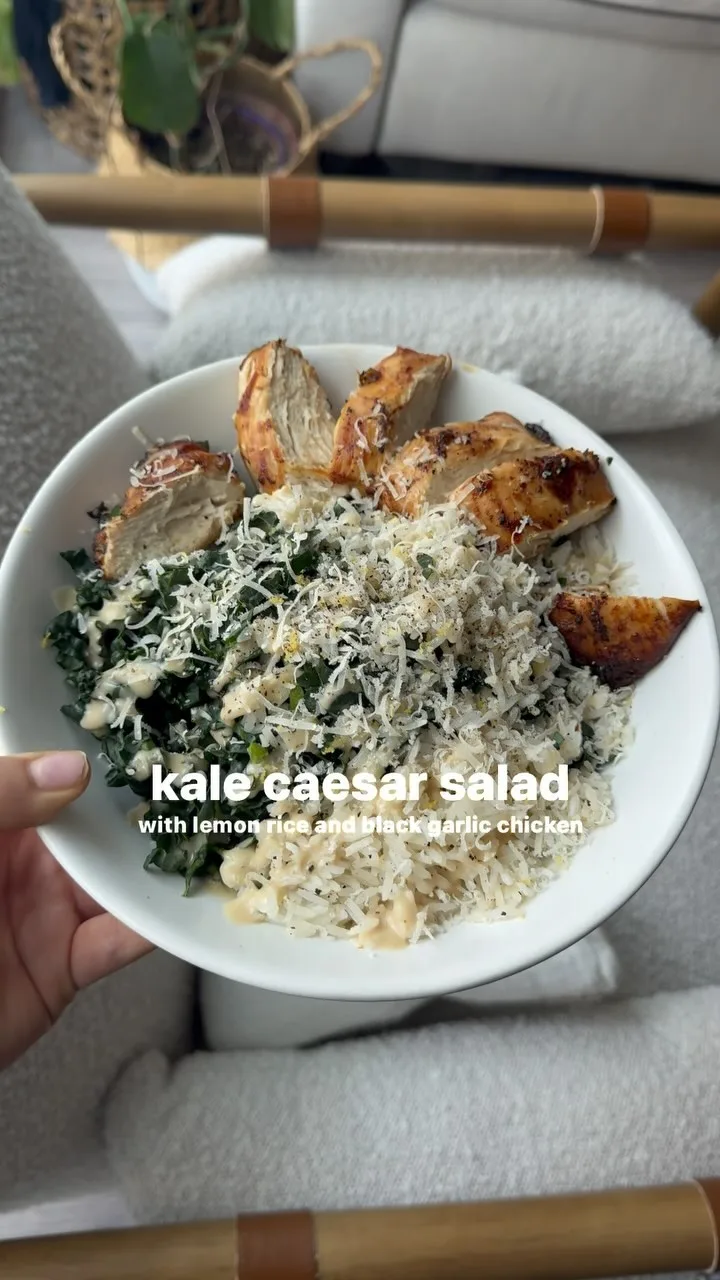 kale-caesar-salad-with-lemon-rice-and-blackened-garlic-chicken