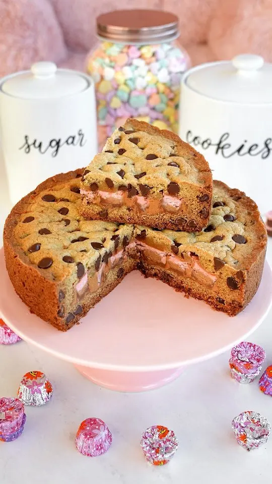 pb-and-mini-pink-reeses-cup-stuffed-cookie-cake!