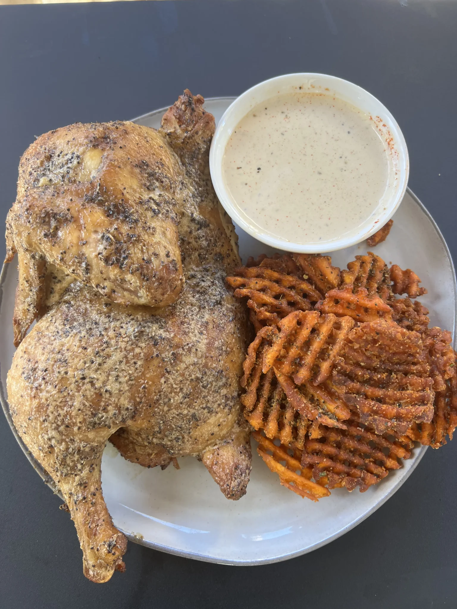 smoked-chicken-halves-with-sweet-potato-fries-and-alabama-white-sauce