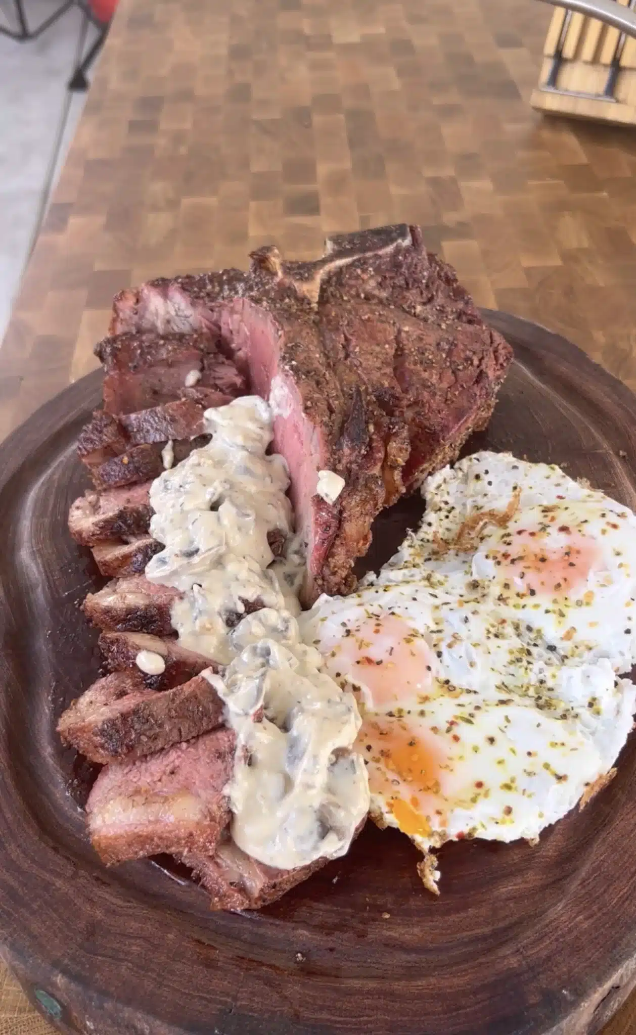 smoked-porterhouse-steak-and-eggs-with-creamy-mushroom-sauce