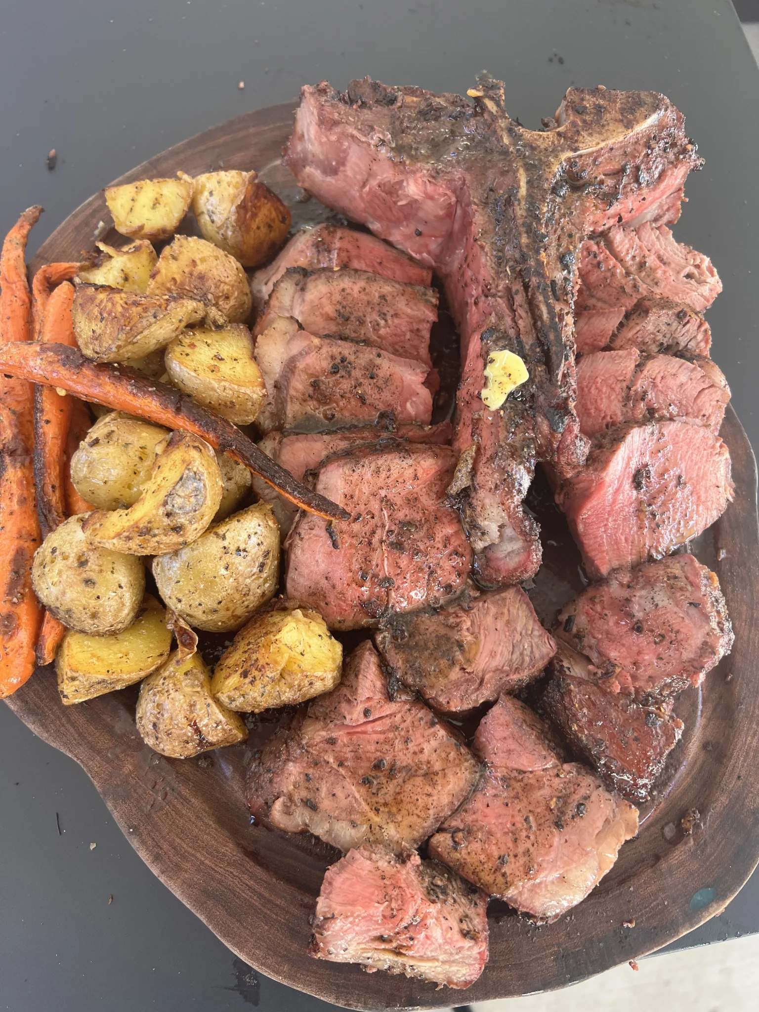 smoked-porterhouse-with-roasted-carrots-and-potatoes