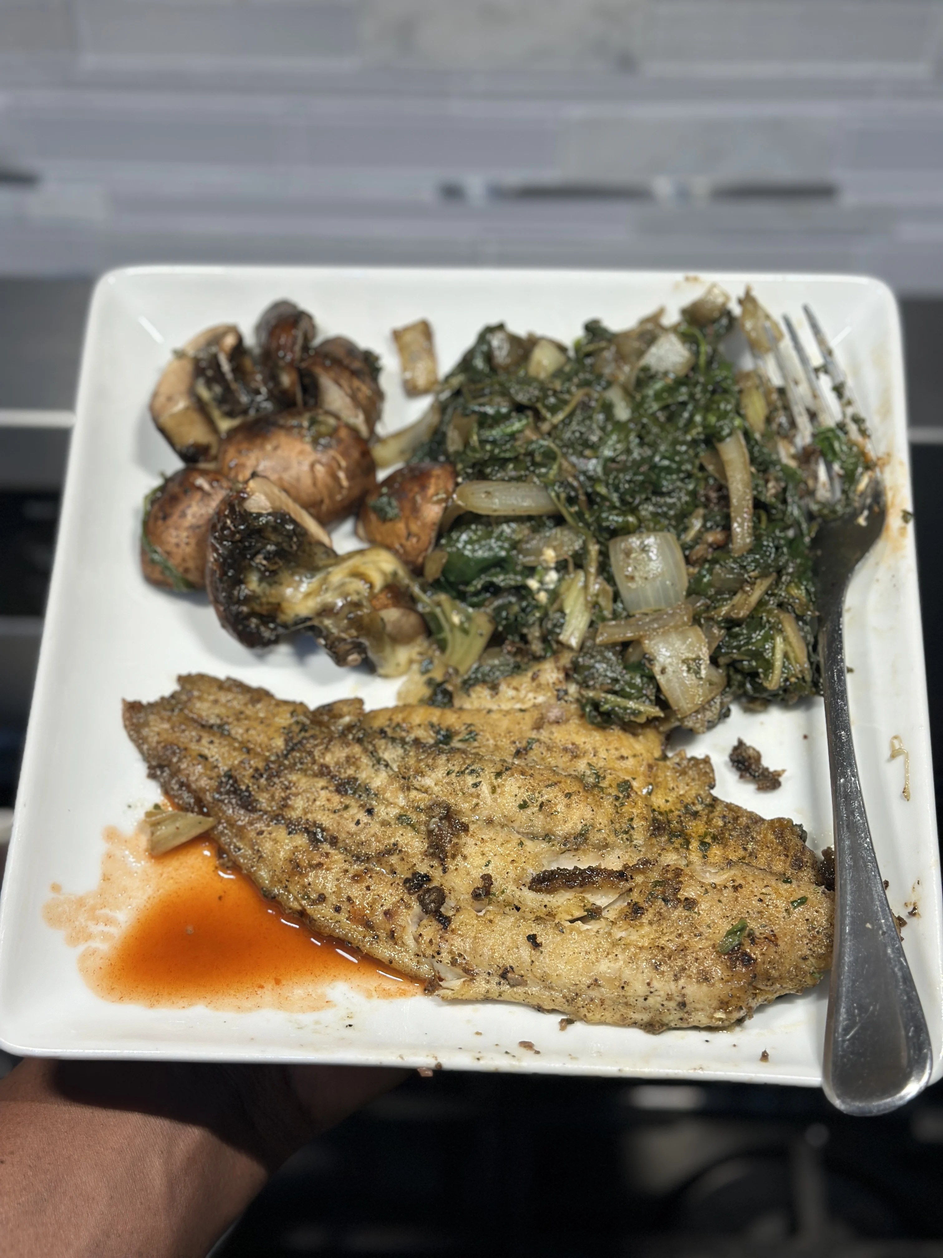 blackened-lemon-flounder-with-sauteed-spinach-and-onions-and-cheddar-topped-bella-mushrooms