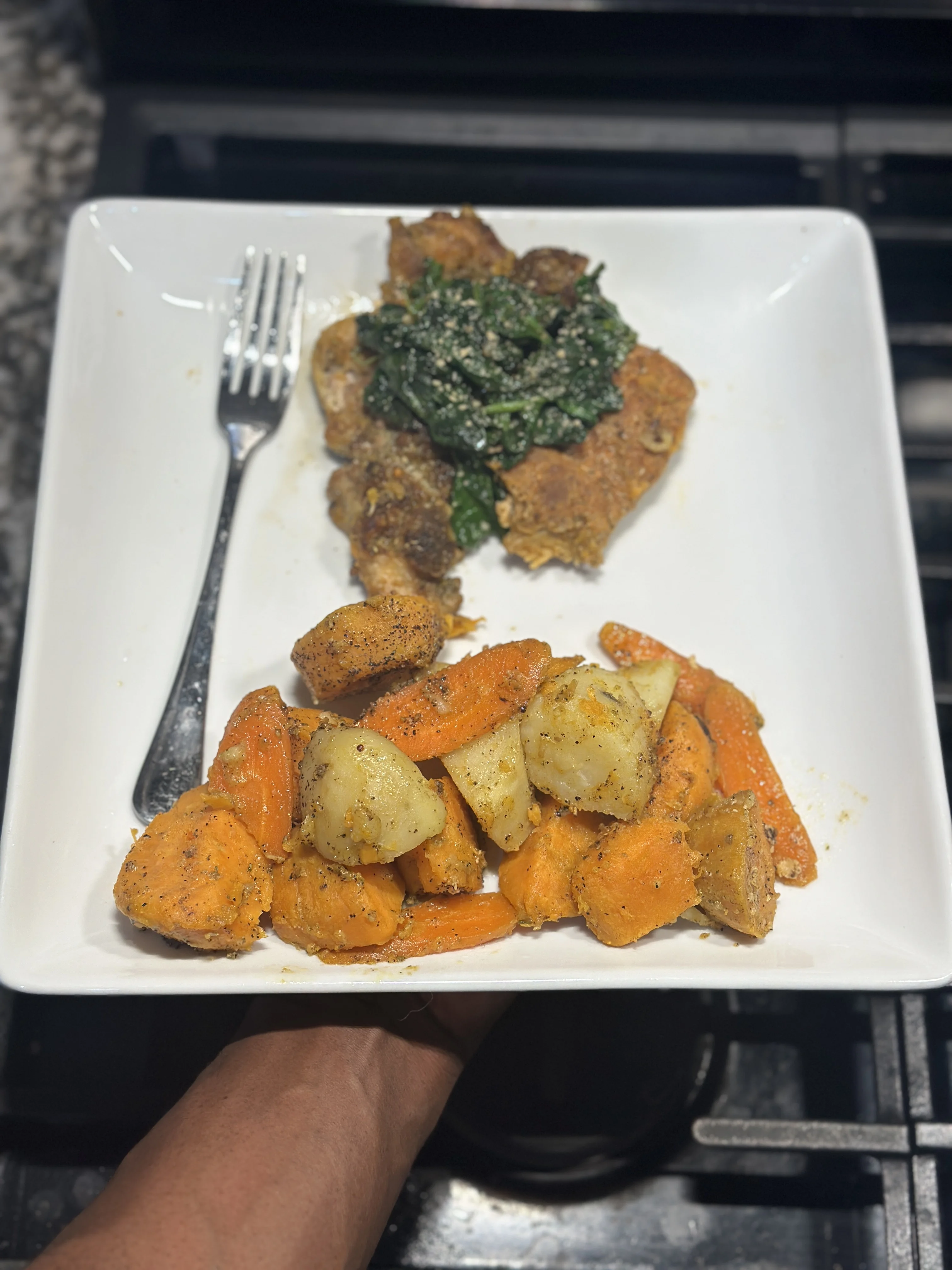sweet-potato-yam-and-carrot-medley-with-parmesan-spinach-pork-chop