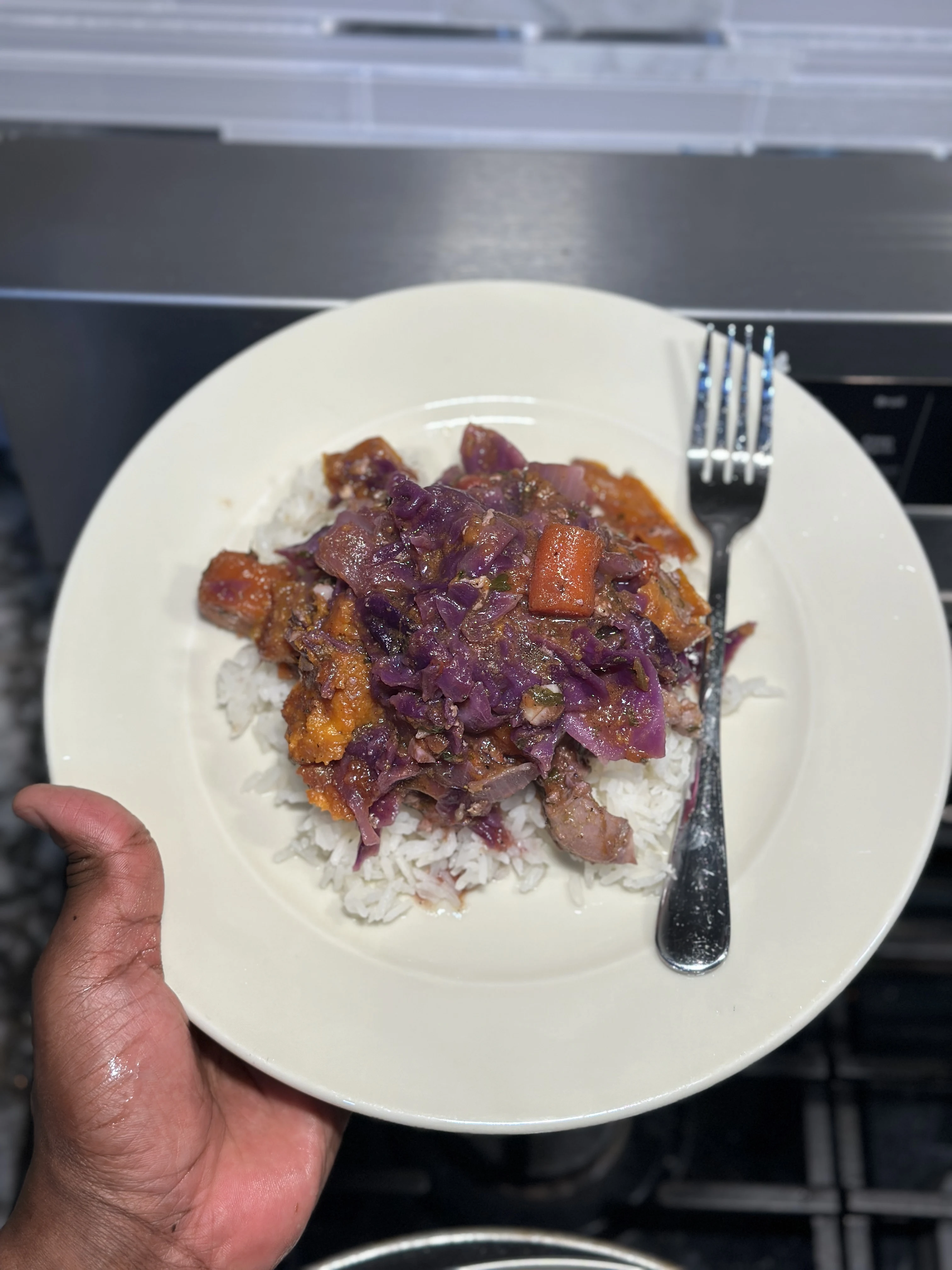 beef-stew-with-stewed-purple-cabbage-carrots-and-sweet-potato-on-jasmine-rice