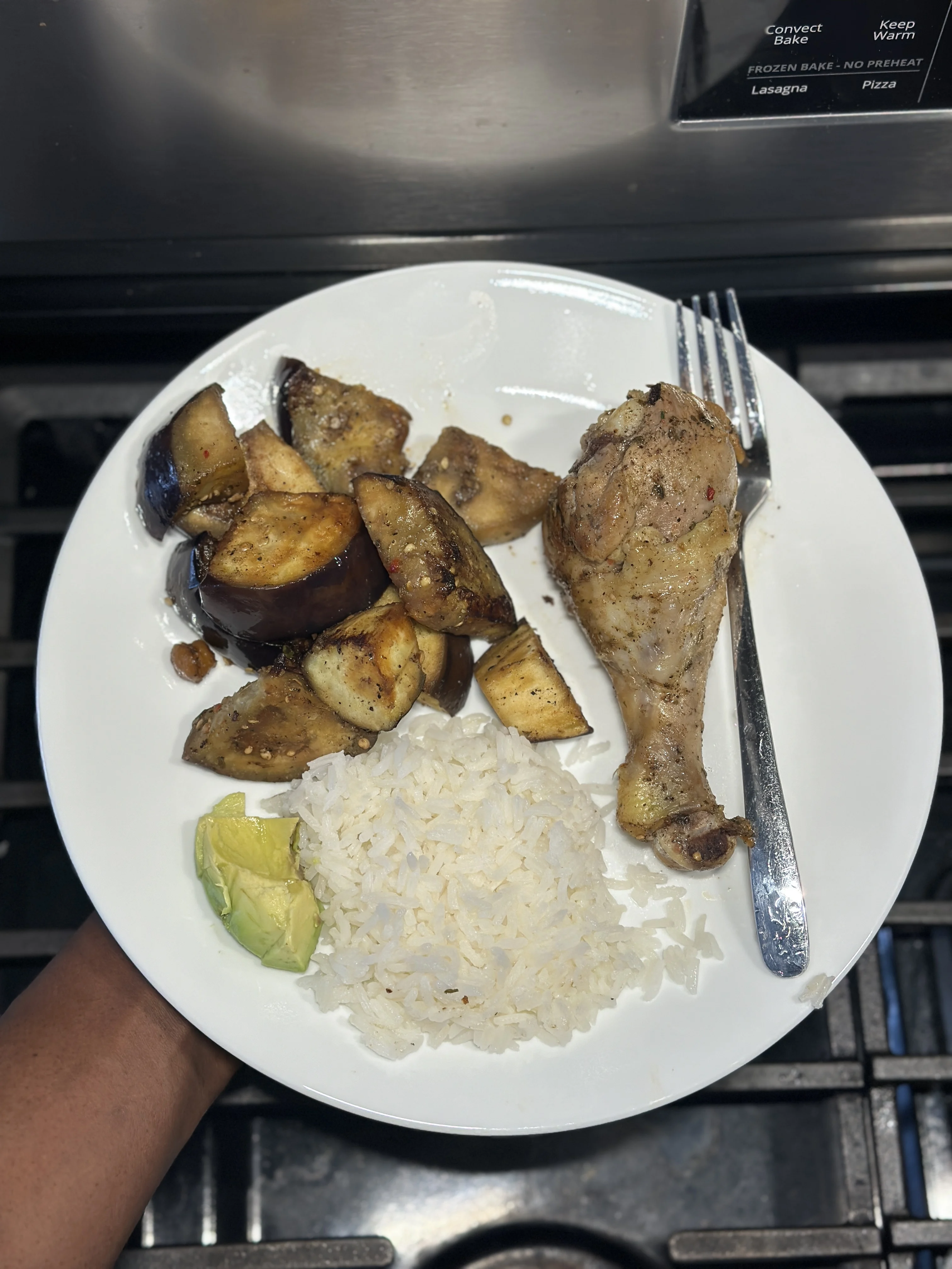 pan-seared-drumsticks-with-jasmine-rice-and-sauteed-eggplant-served-with-avocado