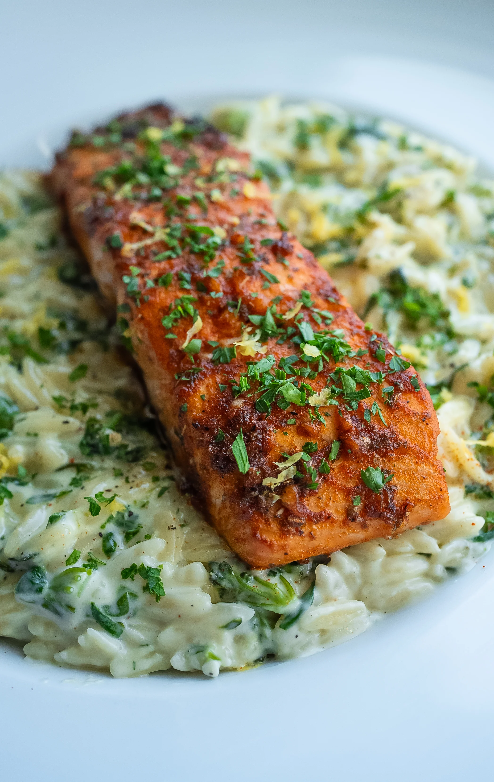 broccoli-spinach-orzo-with-baked-garlic-salmon