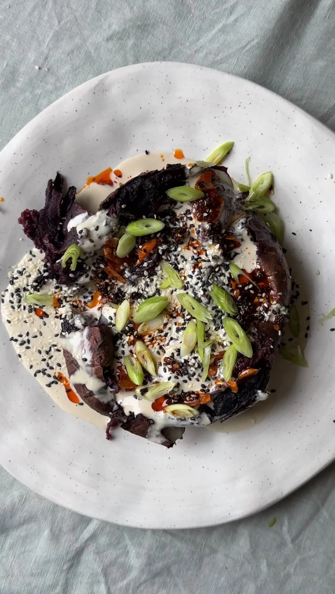 roasted-purple-sweet-potato-with-tahini-and-chilli-crisp