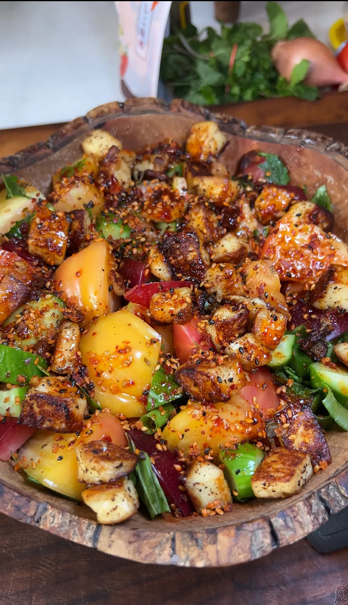 heirloom-tomato-stone-fruit-spicy-miso-dressing