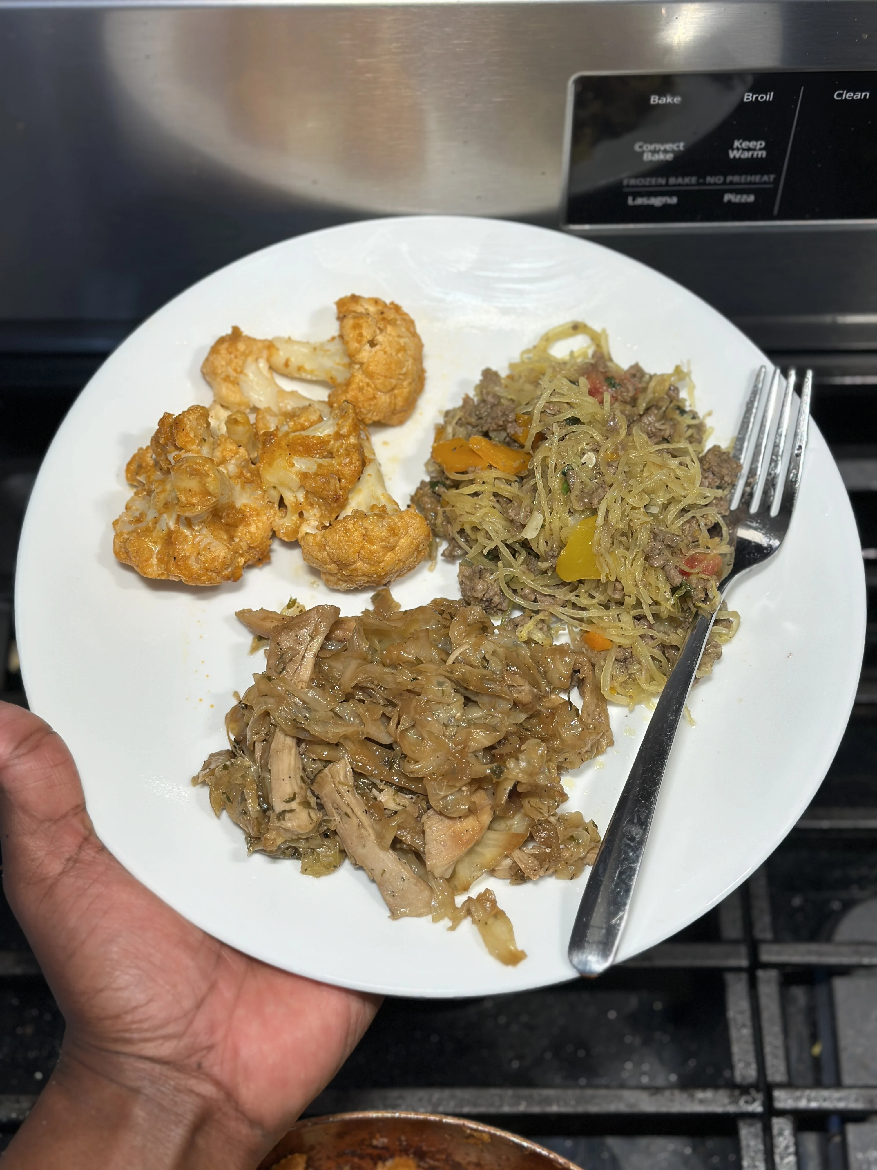 buffalo-cauliflower-spaghetti-squash-with-ground-beef-and-honey-cabbage-stew