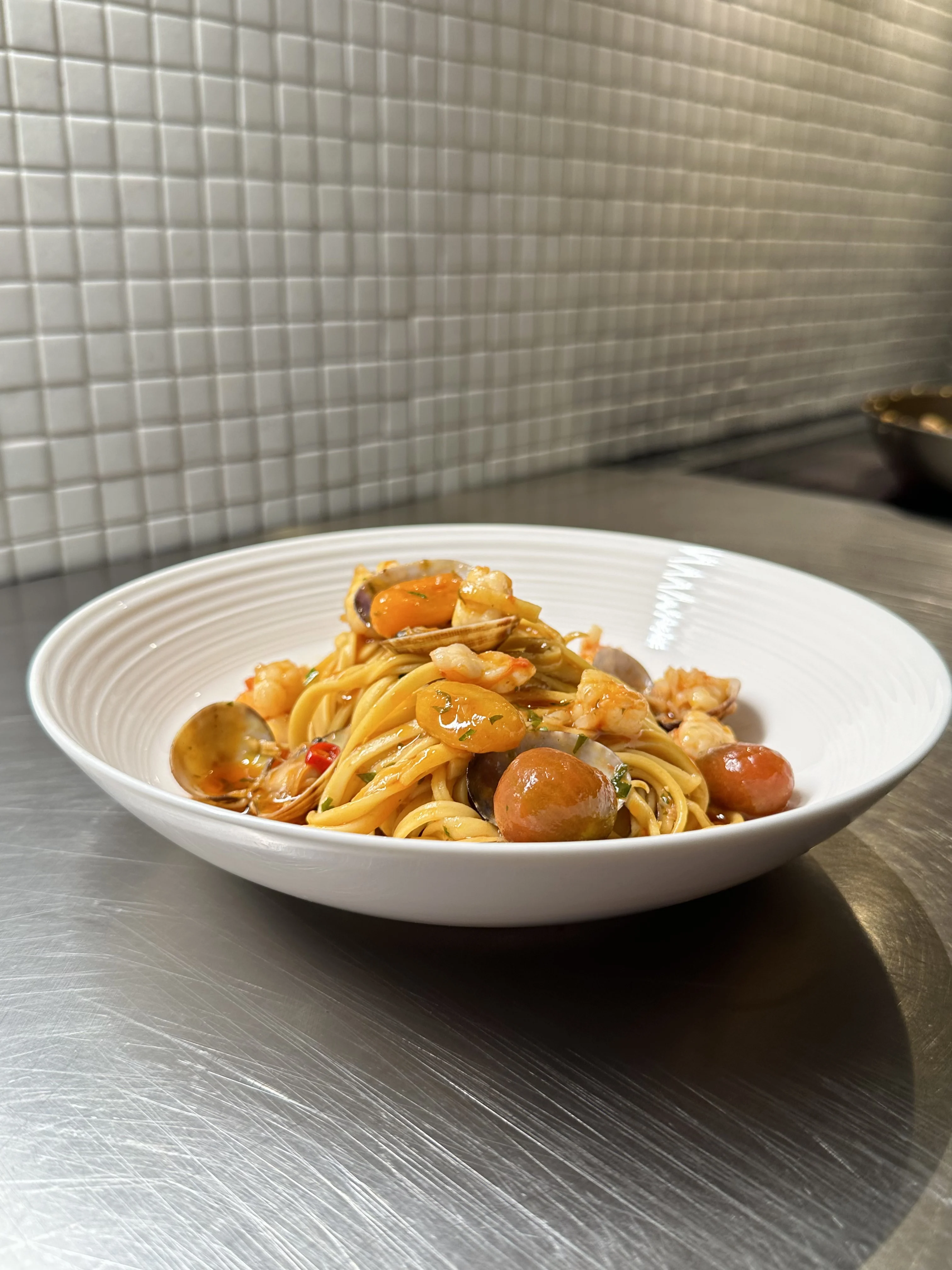 spicy-prawn-linguine-with-cherry-tomatoes-vongole-and-chorizo-oil