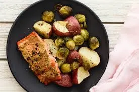 day-1-dinner:-grilled-salmon-with-roasted-brussels-sprouts-and-sweet-potato-wedges