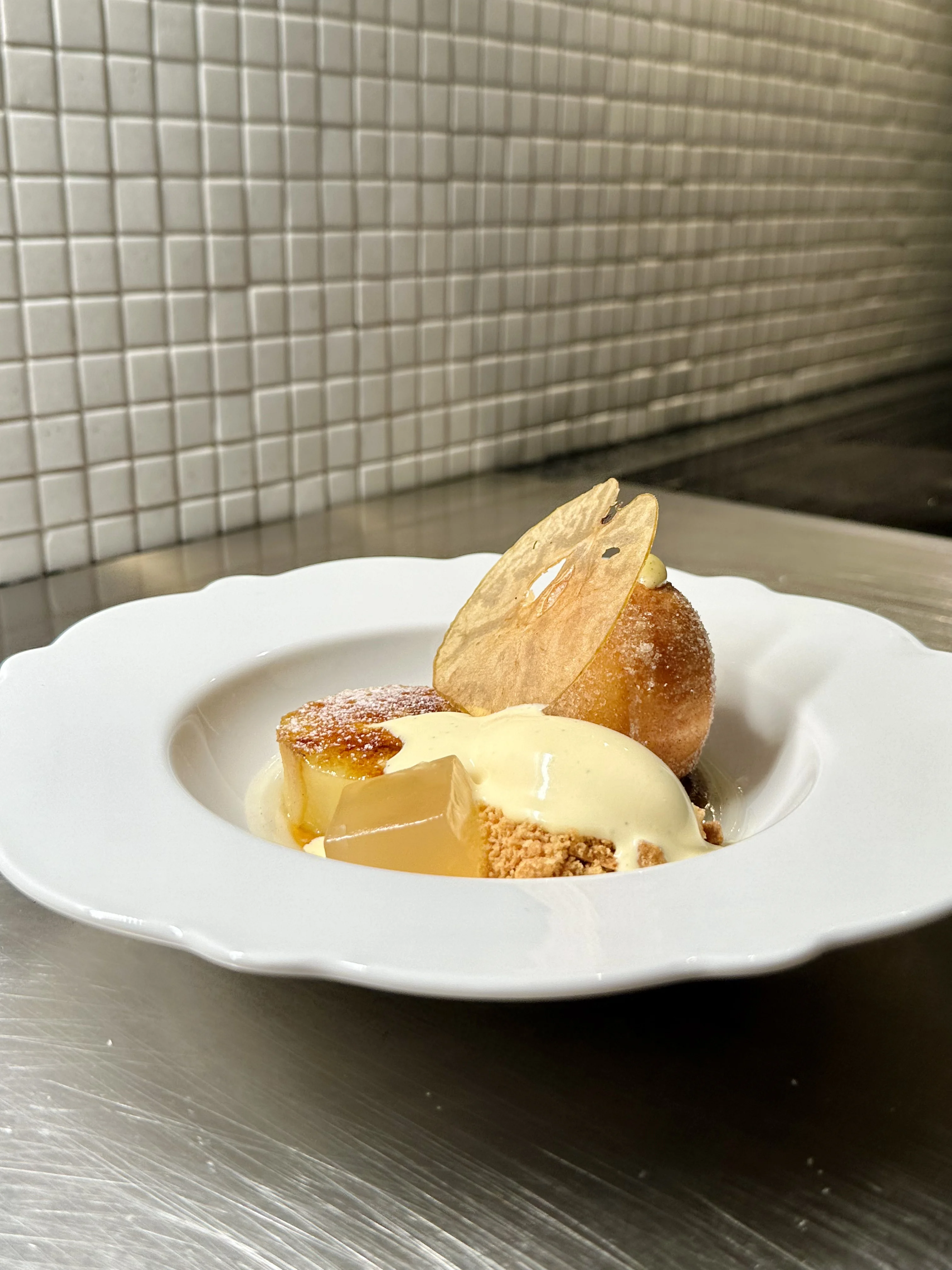 custard-filled-doughnuts-with-raisins-apple-and-vanilla-custard-ice-cream