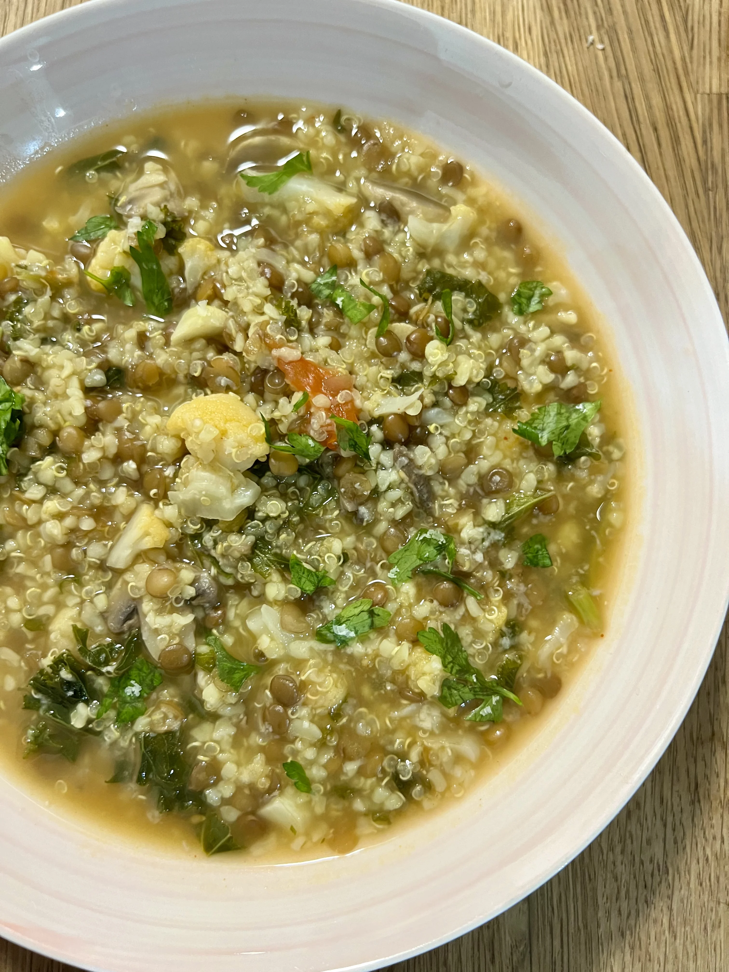 cauliflower-kale-and-mushroom-soup-with-quinoa-bulgar-wheat-and-lentils