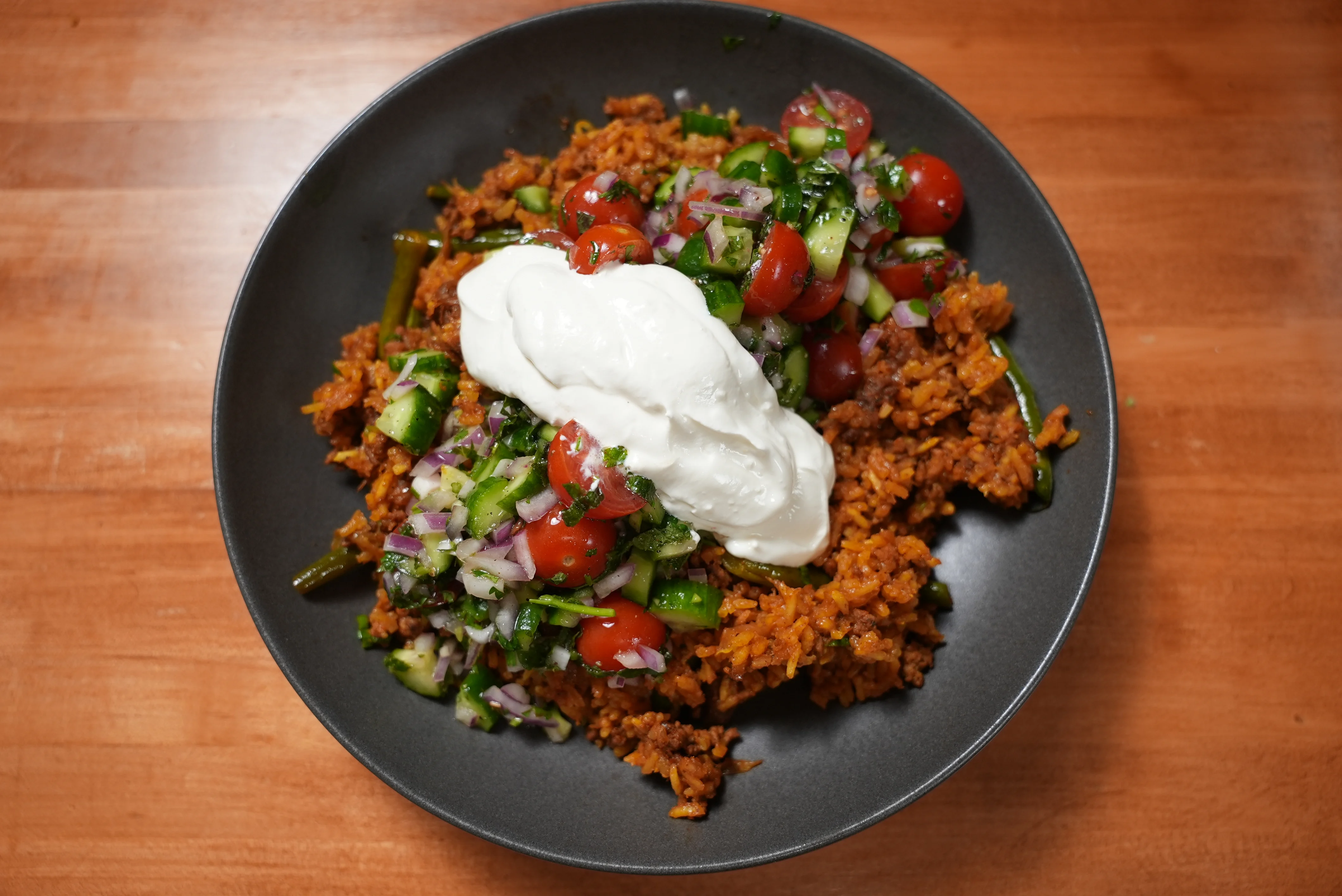 one-pot-ground-beef-rice-with-shirazi-salad-and-garlicky-labneh