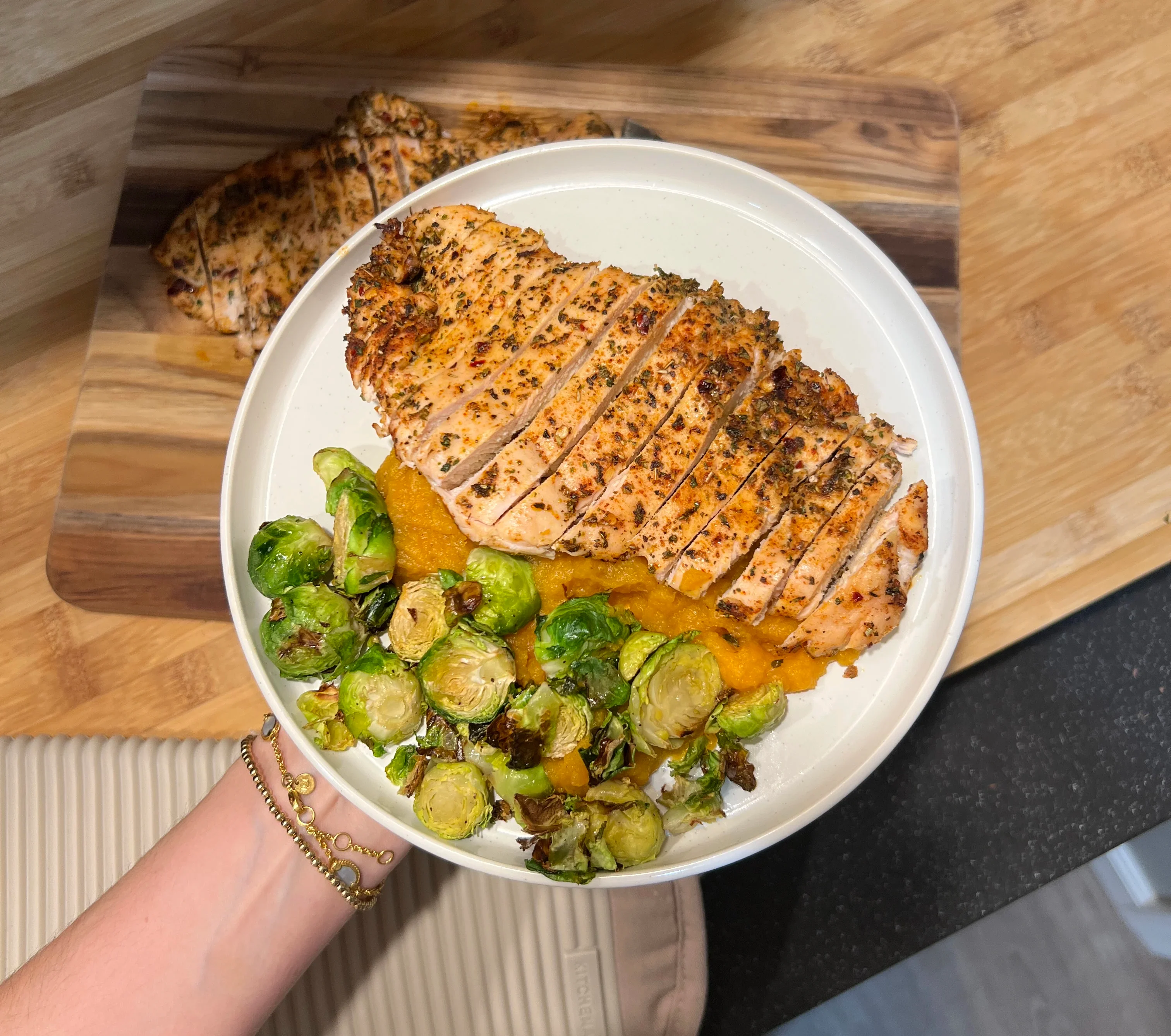oven-baked-chicken-or-brussels-or-mashed-sweet-potatoes