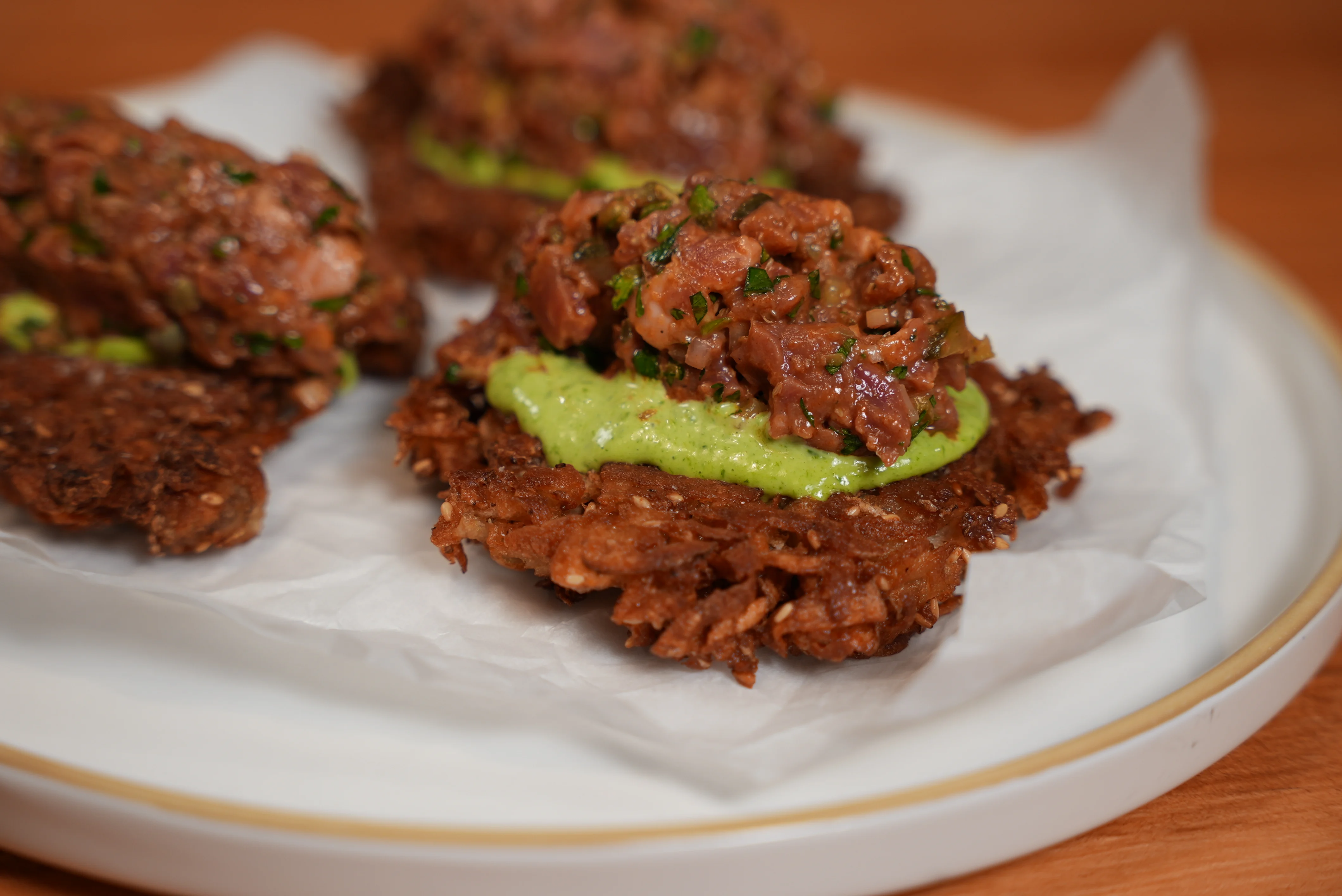latkes-with-chive-mayo-and-beef-tartare