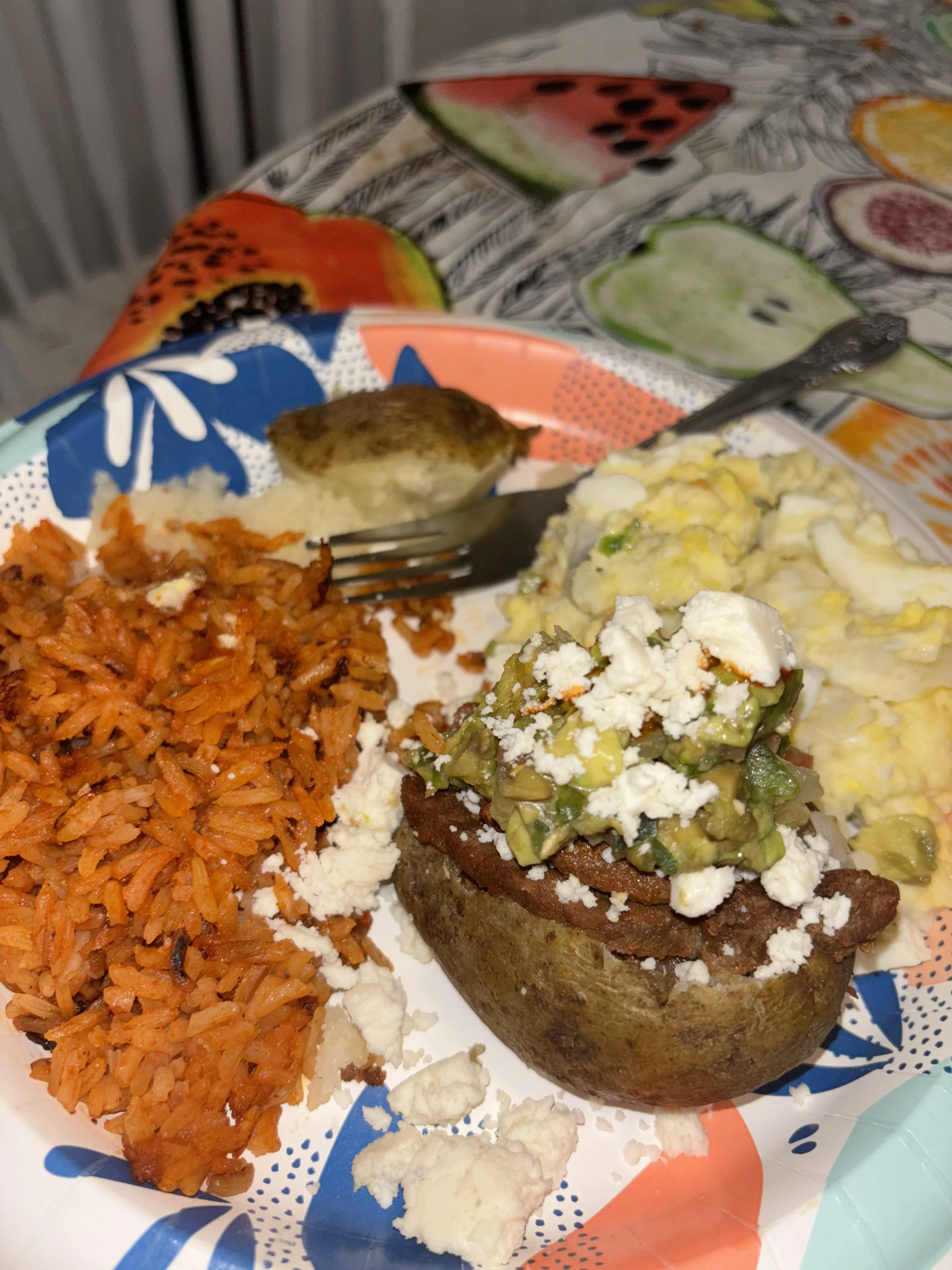 carne-asada-stuffed-baked-potatoes-with-orange-mexican-rice-and-creamy-potato-salad