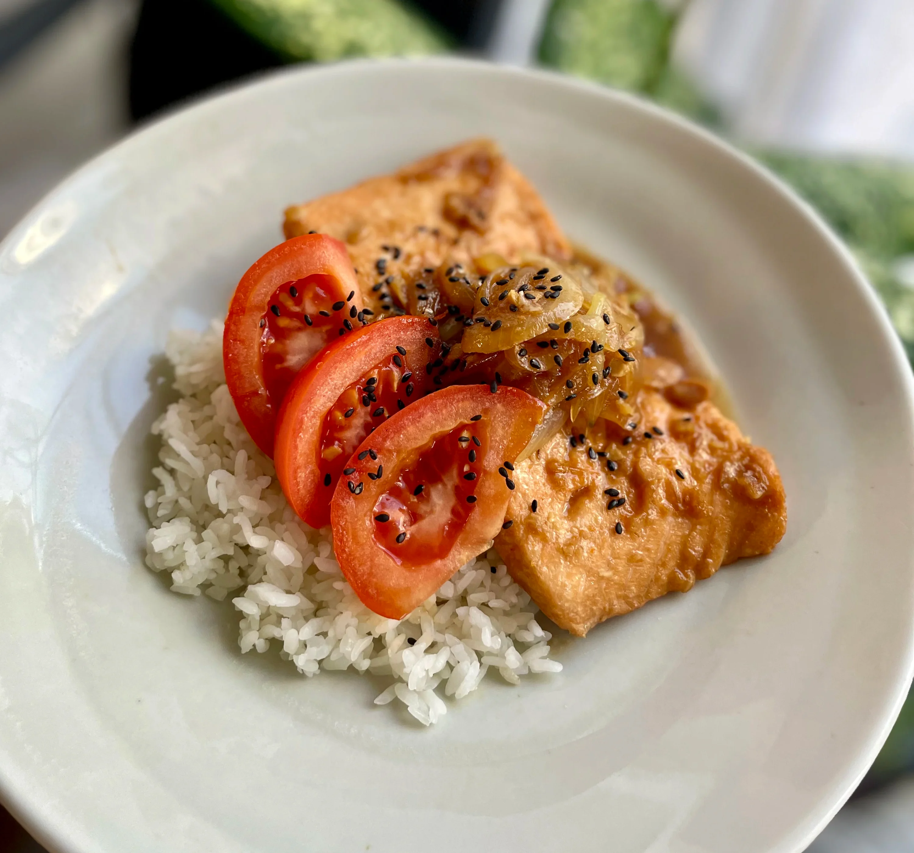 miso-butter-salmon-with-caramelized-onions-and-tomatoes