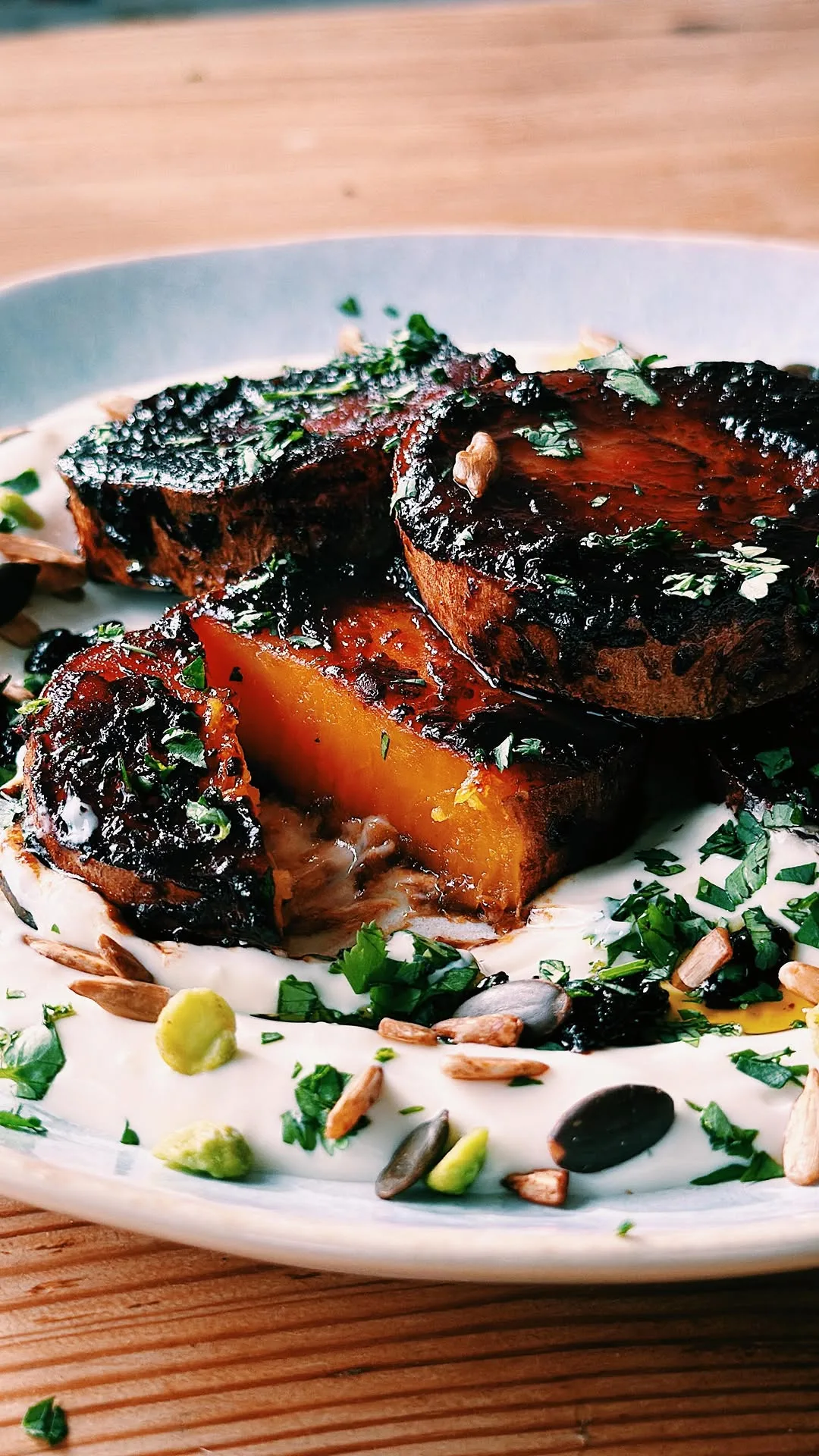 miso-glazed-melting-sweet-potato-on-a-bed-of-garlic-yoghurt