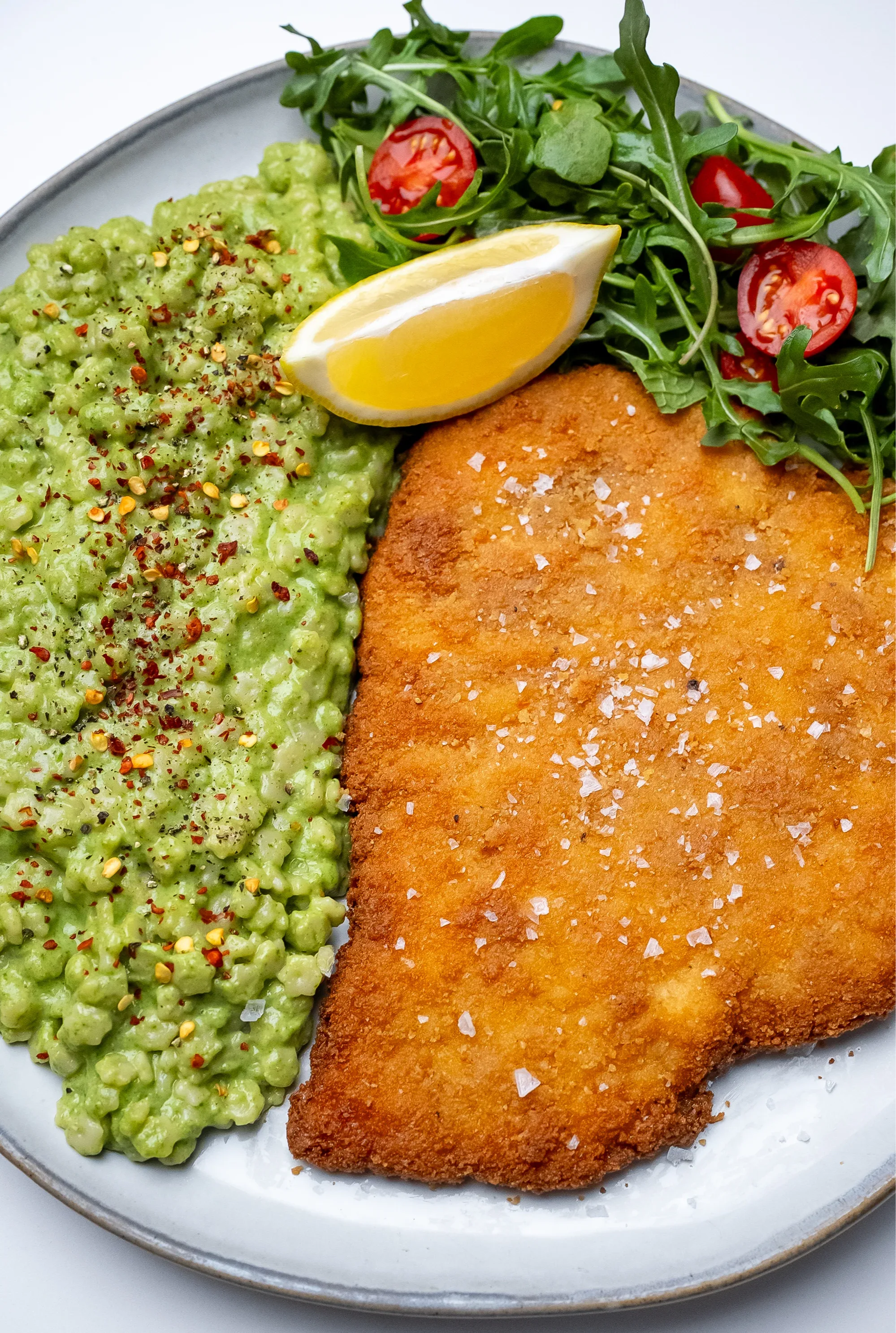 crispy-chicken-schnitzel-with-green-pasta-stars