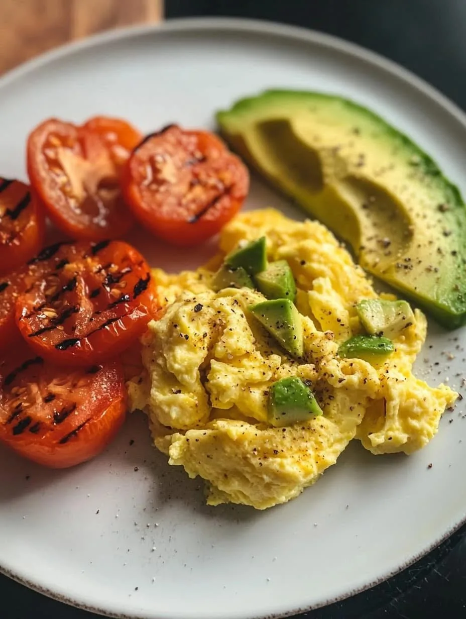 creamy-scrambled-eggs-with-grilled-tomatoes-and-avocado