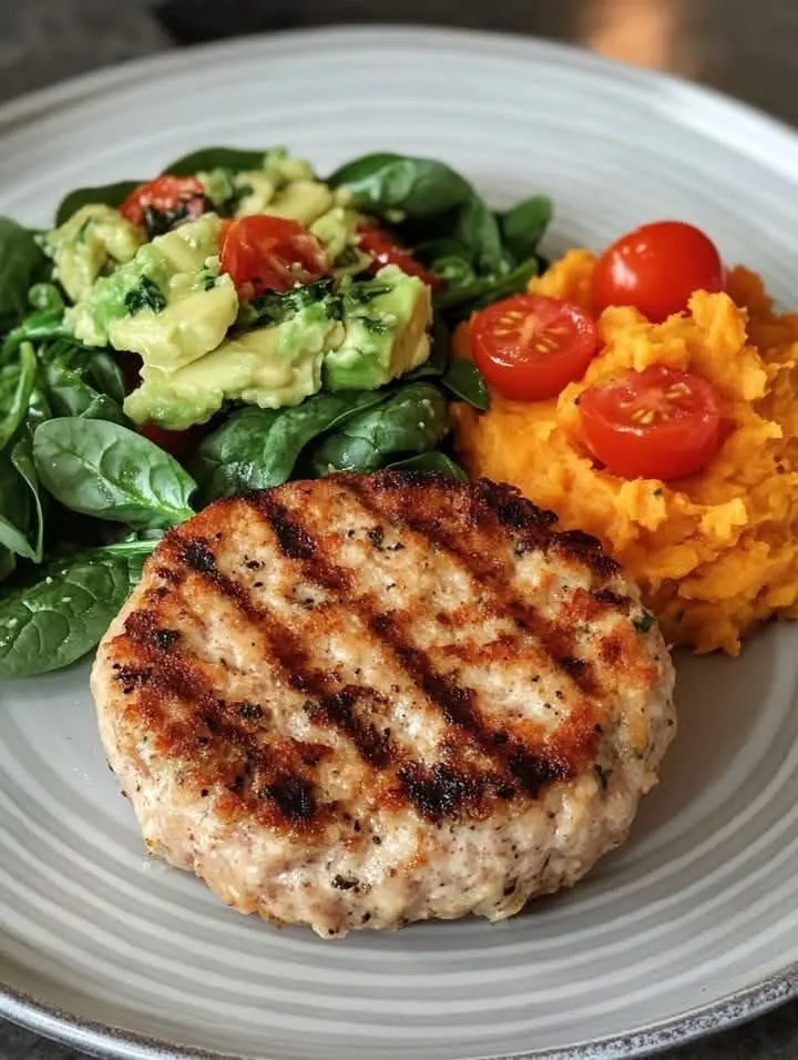 healthy-turkey-burger-with-sweet-potato-mash-and-avocado-spinach-salad