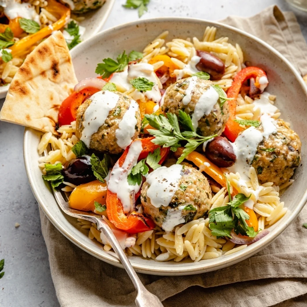 greek-turkey-meatballs-with-lemon-orzo-and-creamy-feta-yogurt-sauce