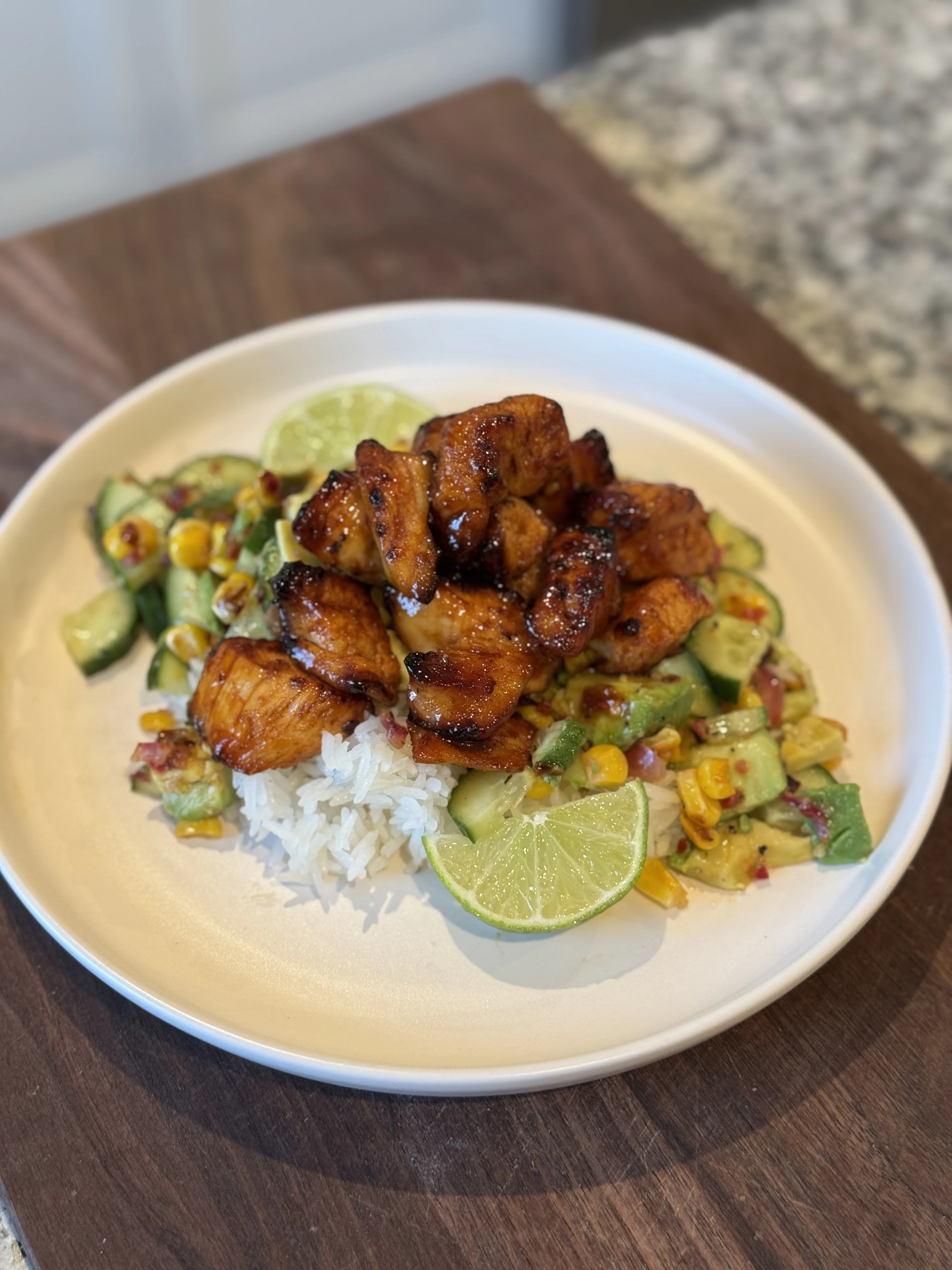 crispy-sweet-and-hot-chicken-over-avocado-and-corn-salad