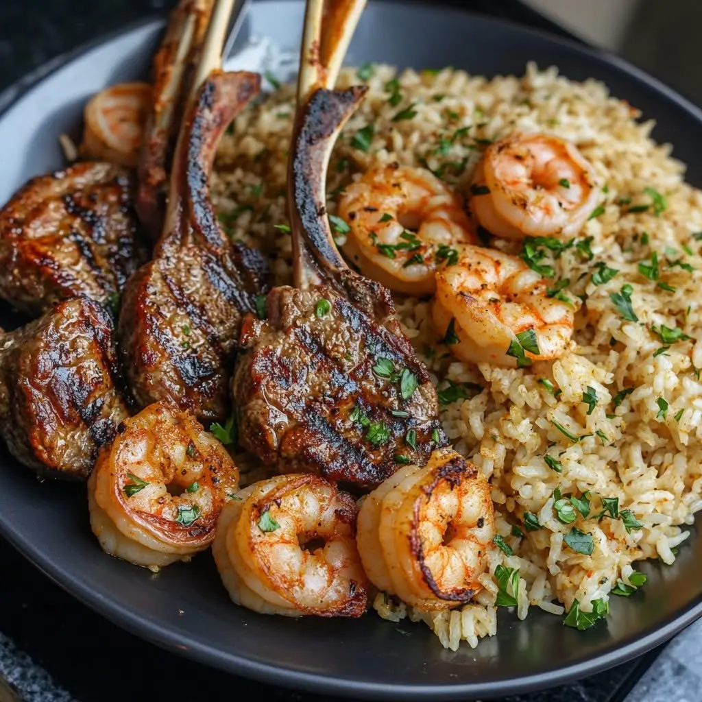 grilled-lamb-chops-and-garlic-butter-shrimp-on-spiced-rice