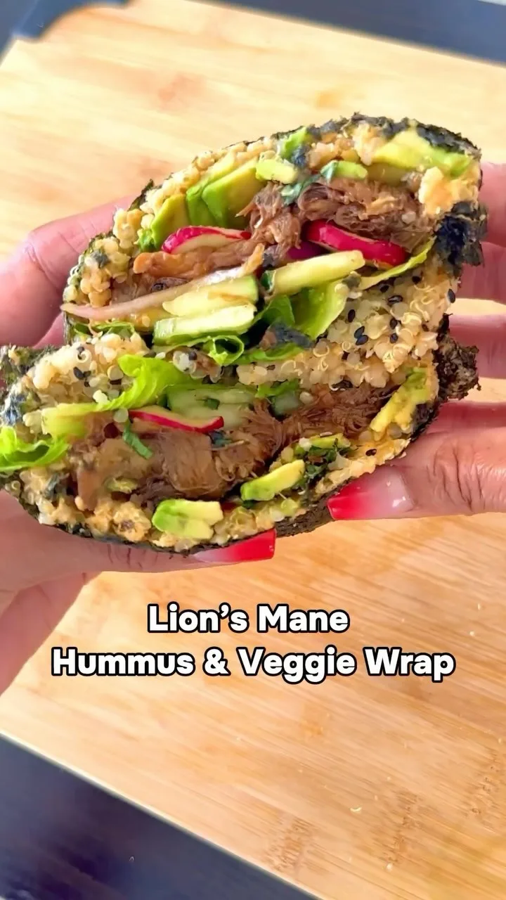 glazed-lion's-mane-red-pepper-hummus-quinoa-and-veggie-nori-wrap