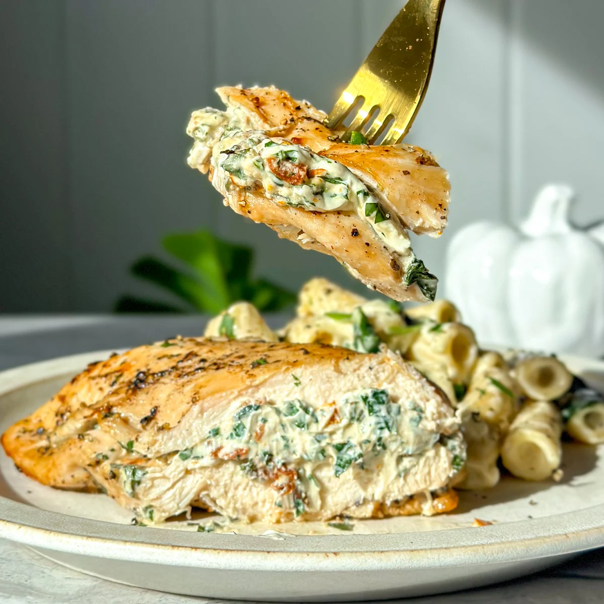 creamy-stuffed-chicken-with-a-creamy-spinach-rigatoni