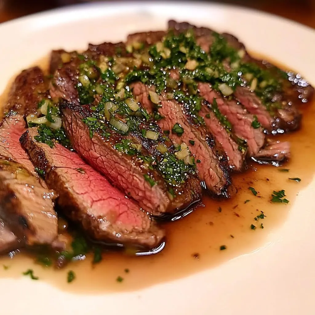 sliced-flank-steak-with-chimichurri-and-savory-pan-jus