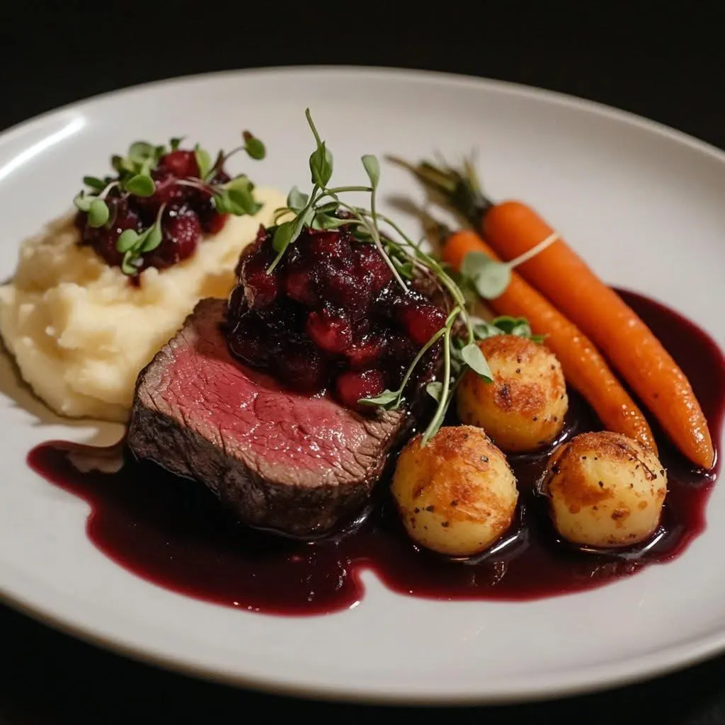 beef-tenderloin-with-red-wine-reduction-and-berry-topped-mashed-potato-balls