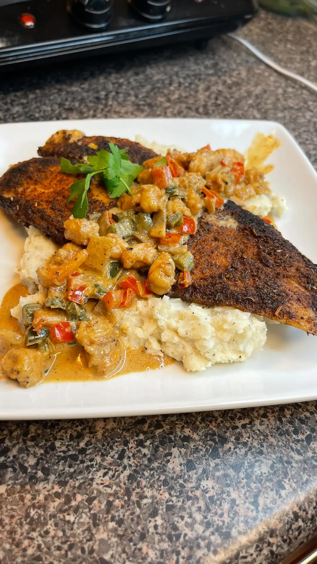 blackened-fish-with-garlic-and-herb-mashed-potatoes-and-shrimp-sauce