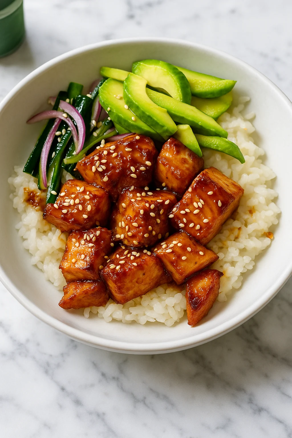 sesame-salmon-bowl-with-cucumber-salad-avocado-and-two-signature-sauces