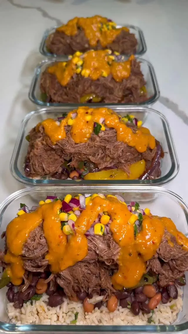 beef-barbacoa-with-cilantro-lime-rice-beans-peppers-and-onions-corn-salsa-and-tomatillo-red-salsa