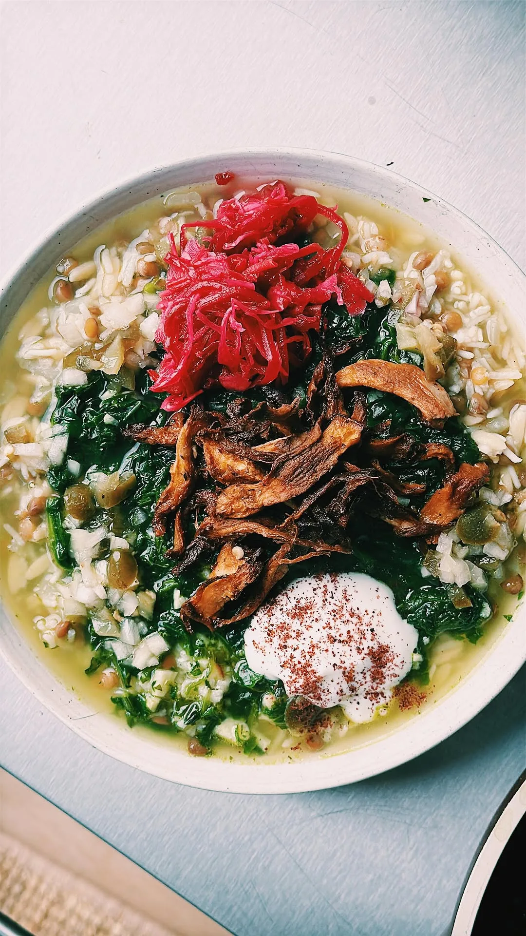 crispy-mushrooms-with-a-spinach-and-rice-broth