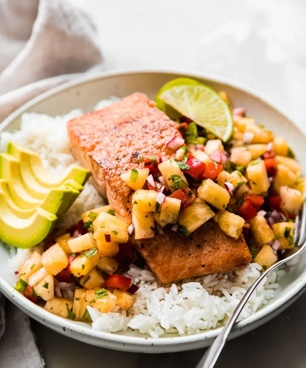 miso-glazed-salmon-with-pineapple-mango-salsa-and-quinoa