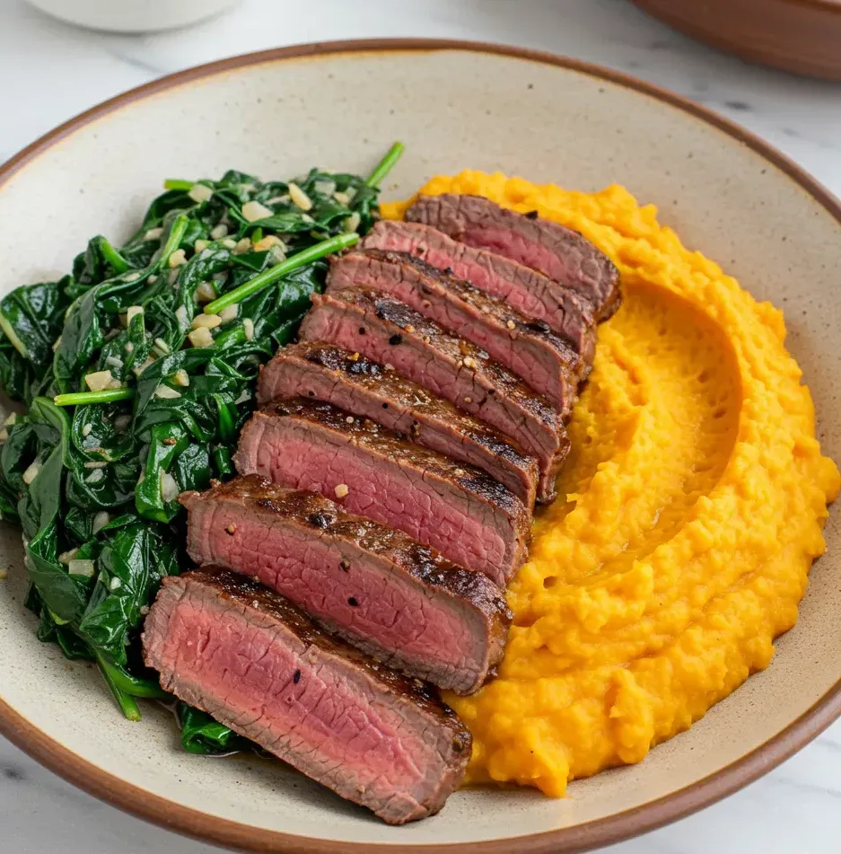 menopause:-grilled-flank-steak-with-sweet-potato-mash-and-sauteed-spinach