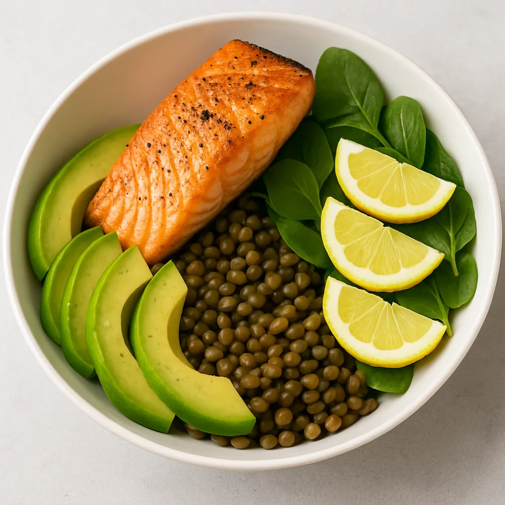 pcos:-salmon-power-bowl-with-avocado-lentils-and-greens