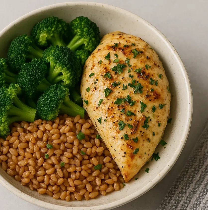high-blood-pressure:-lemon-herb-chicken-with-farro-and-steamed-broccoli