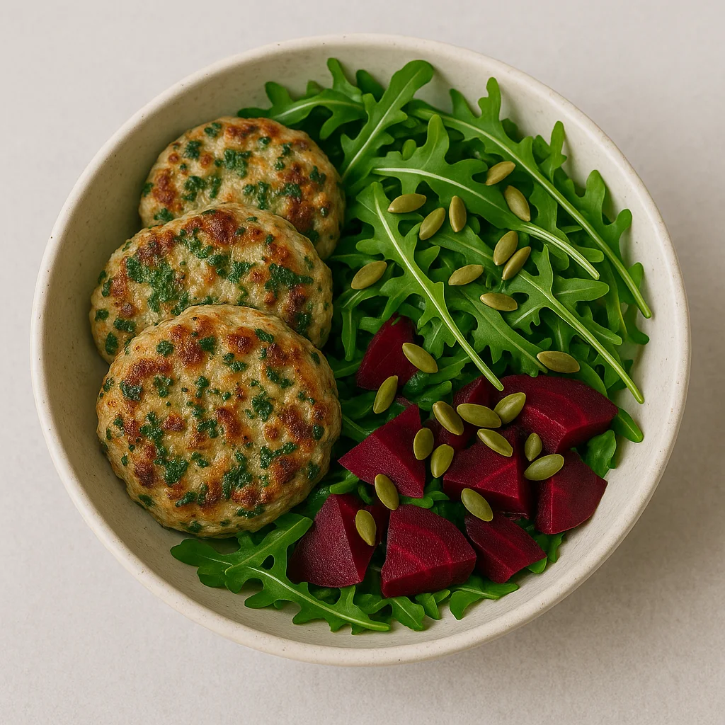 mold-toxicity:-herbed-turkey-patties-with-arugula-and-beet-salad