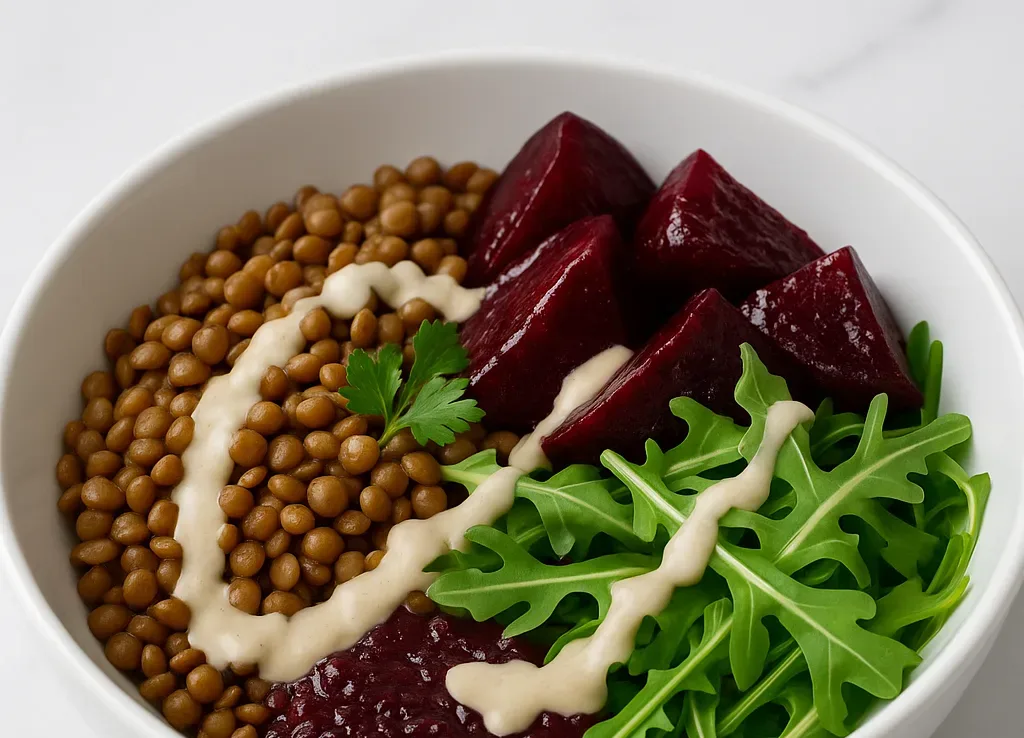 depression:-lentil-beet-and-arugula-bowl-with-tahini-lemon-drizzle