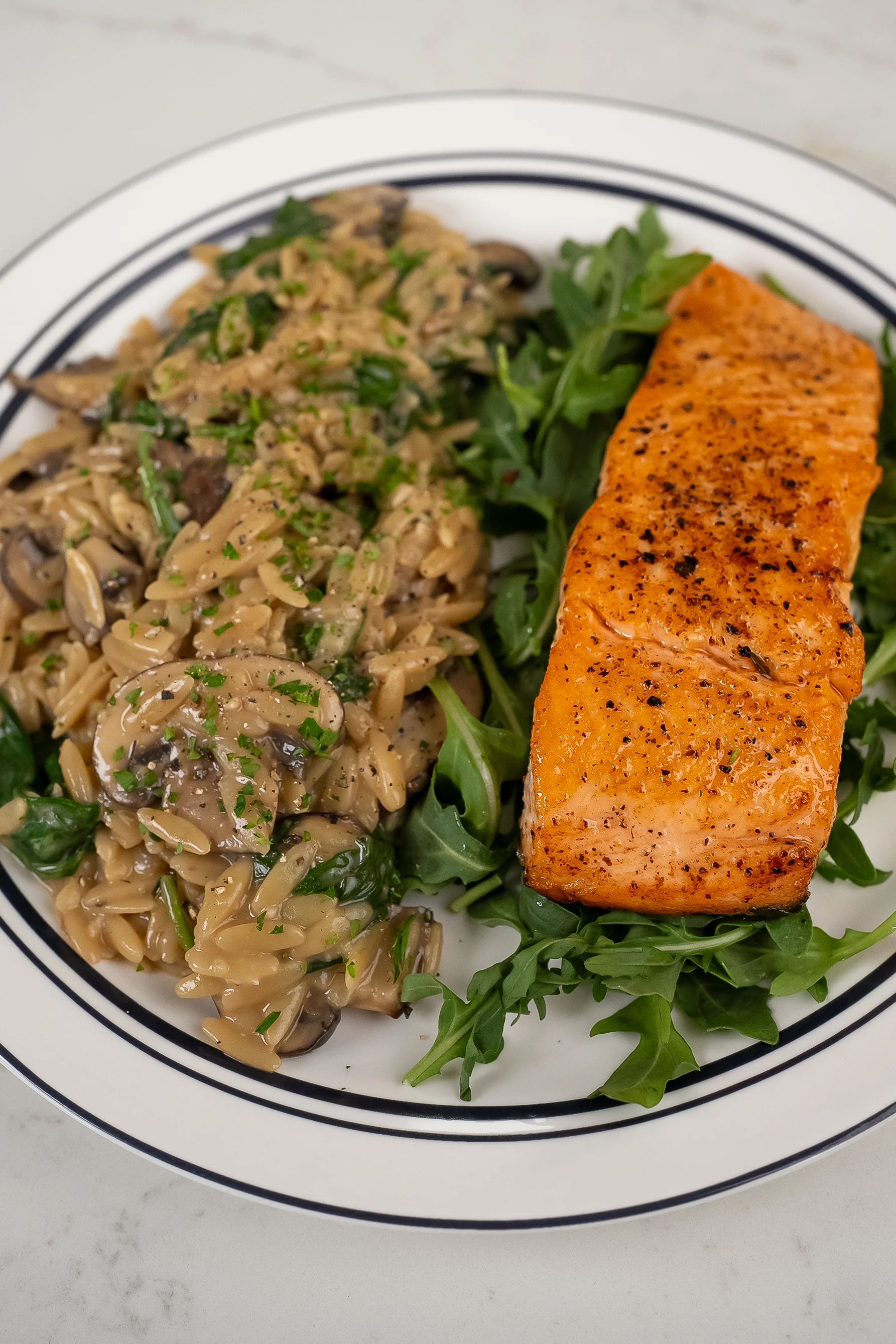 garlic-butter-salmon-with-mushroom-and-spinach-orzo