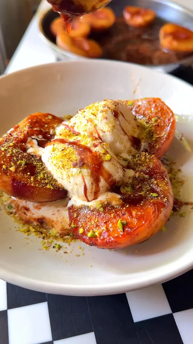 grilled-brown-sugar-peaches-with-vanilla-ice-cream-and-pistachios